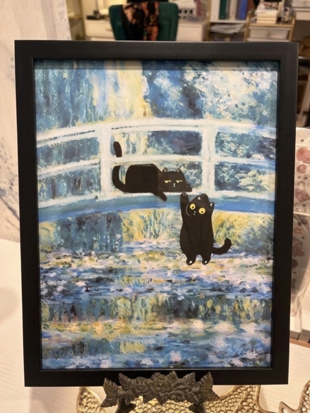 Cute black cats Monet style framed 8x10 art print